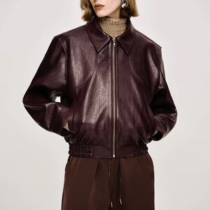 Source Unknown ENNIO FAUX-LEATHER BOMBER JACKET, MAHOGANY